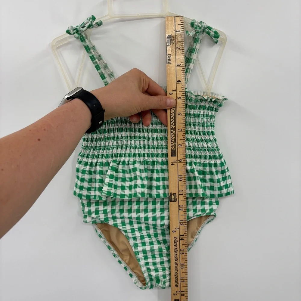 Old Navy One Piece Swimsuit Kids 4T Green Gingham Smocked Peplum Tie Shoulder
